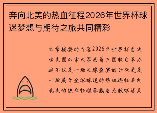 奔向北美的热血征程2026年世界杯球迷梦想与期待之旅共同精彩